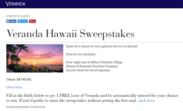 Veranda Hawaii Sweepstakes