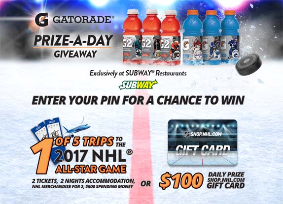Gatorade Prize-A-Day Giveaway at SUBWAY Contest