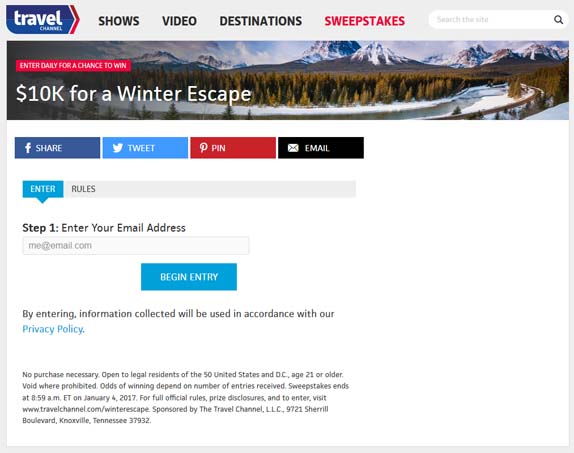 Travel Channel’s Winter Escape Sweepstakes