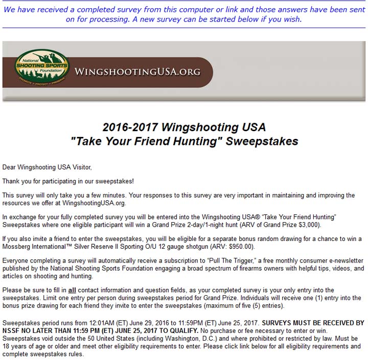 Wingshooting USA Take Your Friend Hunting Sweepstakes