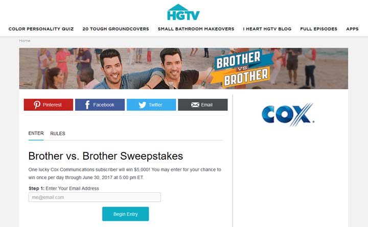 cox hgtv brother vs brother sweepstakes