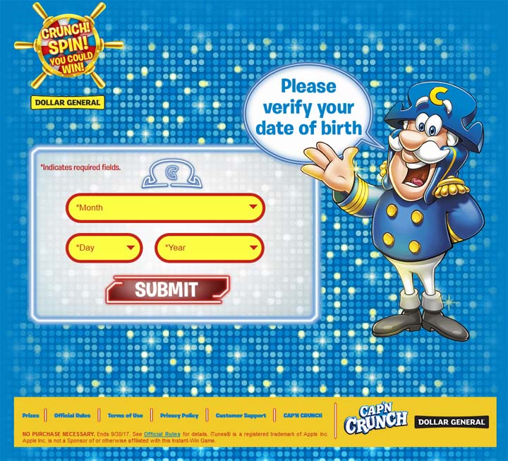 QUAKER CAP’N CRUNCH Crunch Spin You Could Win Instant-Win