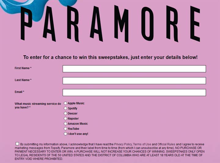 Topsify Paramore Oakland Give Away Sweepstakes