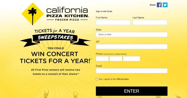 California Pizza Kitchen Frozen Pizza Concert Tickets for a Year Sweepstakes