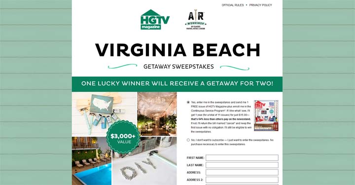 HGTV Magazine AR Workshop Virginia Beach Getaway Sweepstakes