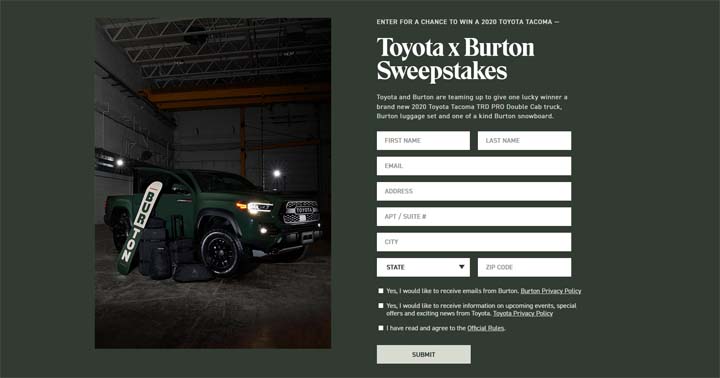 Toyota x Burton Sweepstakes