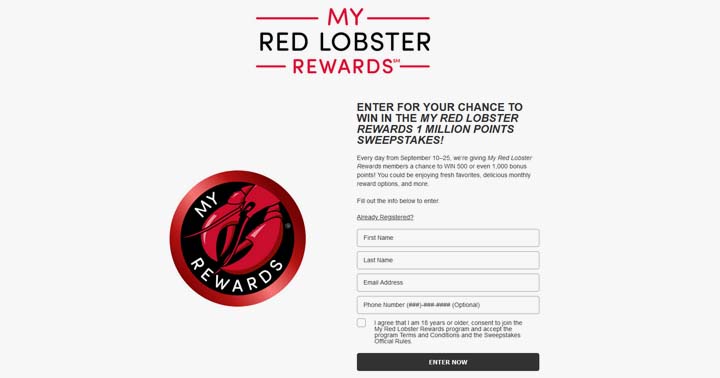 My Red Lobster Rewards 1 Million Points Sweepstakes