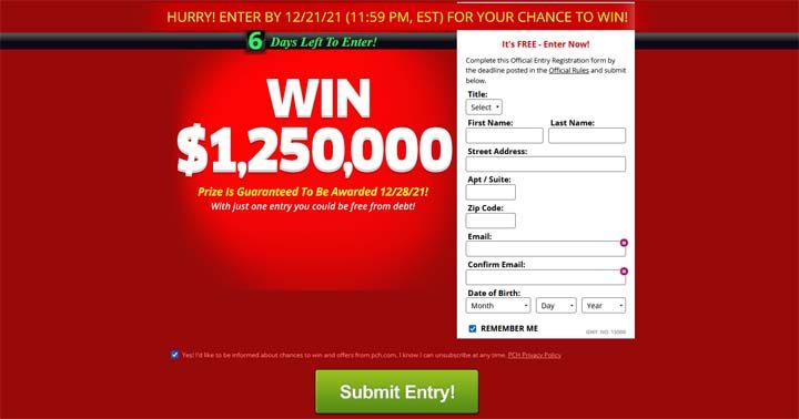 PCH.com Win a $1,250,000.00 prize from Giveaway No. 15000