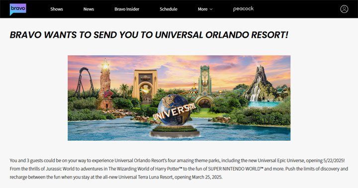 Bravo TV - Trip to Universal Orlando Resort Sweepstakes